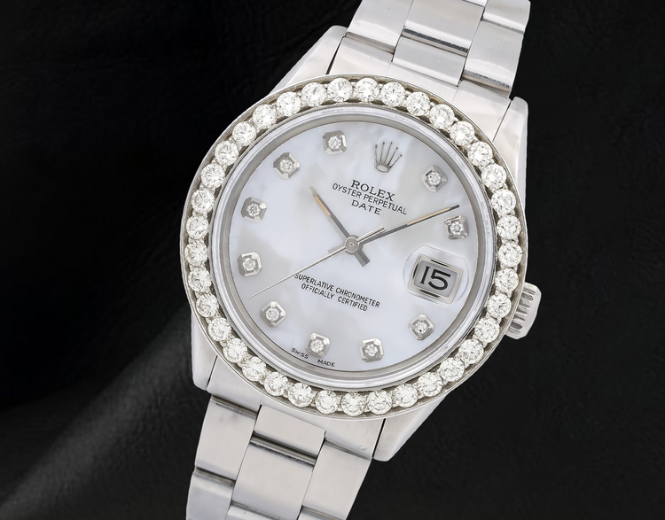 Montre Rolex 34 mm Bracelet Oyster 1500 Cadran Diamants Nacre Blanche