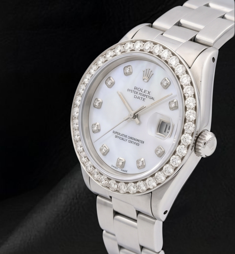 Montre Rolex 34 mm Bracelet Oyster 1500 Cadran Diamants Nacre Blanche