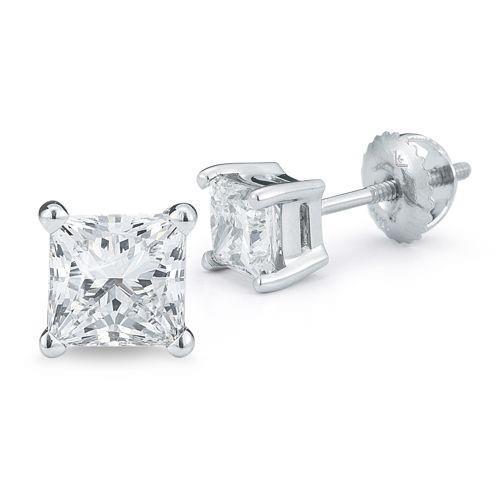 Diamant Fin Taille Princesse Boucles d'Oreilles en Or 14K Blanc – vue principale