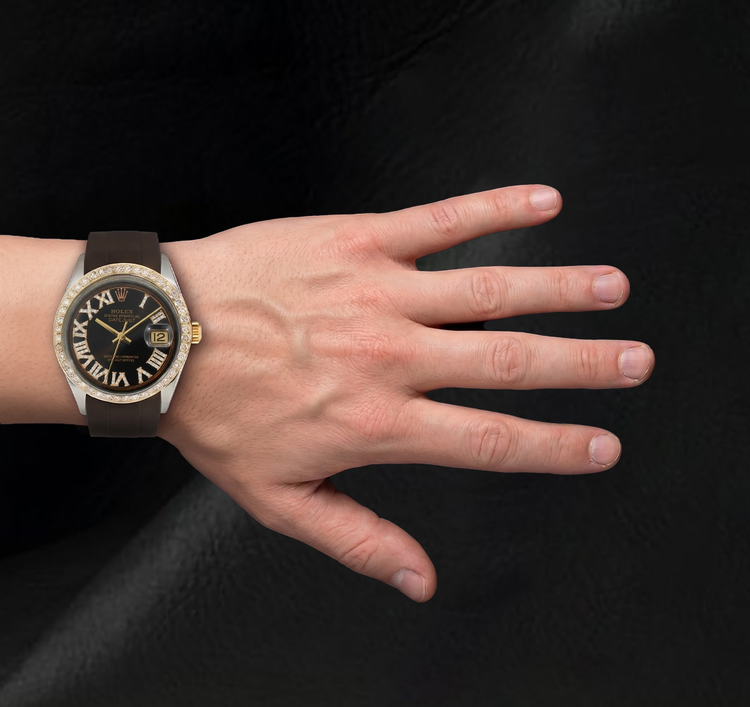 Montre Rolex Datejust 1601 36 mm Cadran Diamants Chocolat Chiffres Romains Bracelet en Caoutchouc