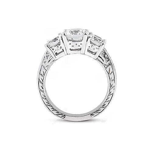 3.01 Ct. Bague Réel Diamant 3 Pierres Style Antique Or Blanc 14K