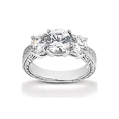 3.01 Ct. Bague Réel Diamant 3 Pierres Style Antique Or Blanc 14K