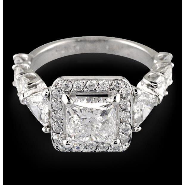 3.01 carat Princess Center Halo Réel Diamond Ring Solid White Gold 14K