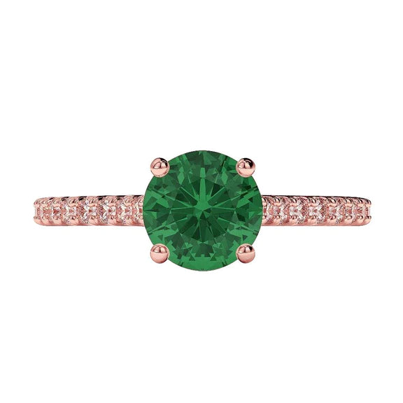 3.25 carats bague ronde émeraude Vert et diamants or rose 14 carats pierre précieuse