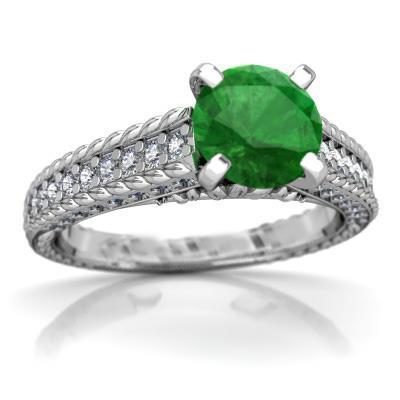 3.50 Carats Bague Emeraude Vert Et Diamants Taille Ronde Sertie Griffe Or Blanc