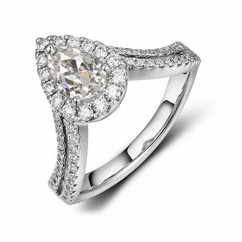 3.50 Carats Halo Poire Bague Véritable Diamant Taille Ancienne Double Rang Accents