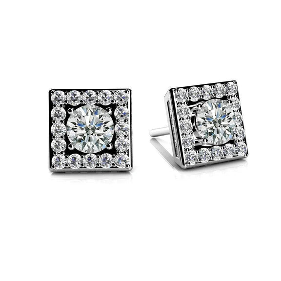 3.60 Carats Boucles d'Oreilles Clous Forme Carrée Halo Réel Diamant Or Blanc 14K