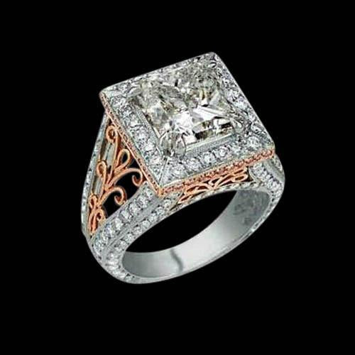3.76 Carats. Bague Fantaisie Naturel Diamants Halo Bicolore Or Nouveau