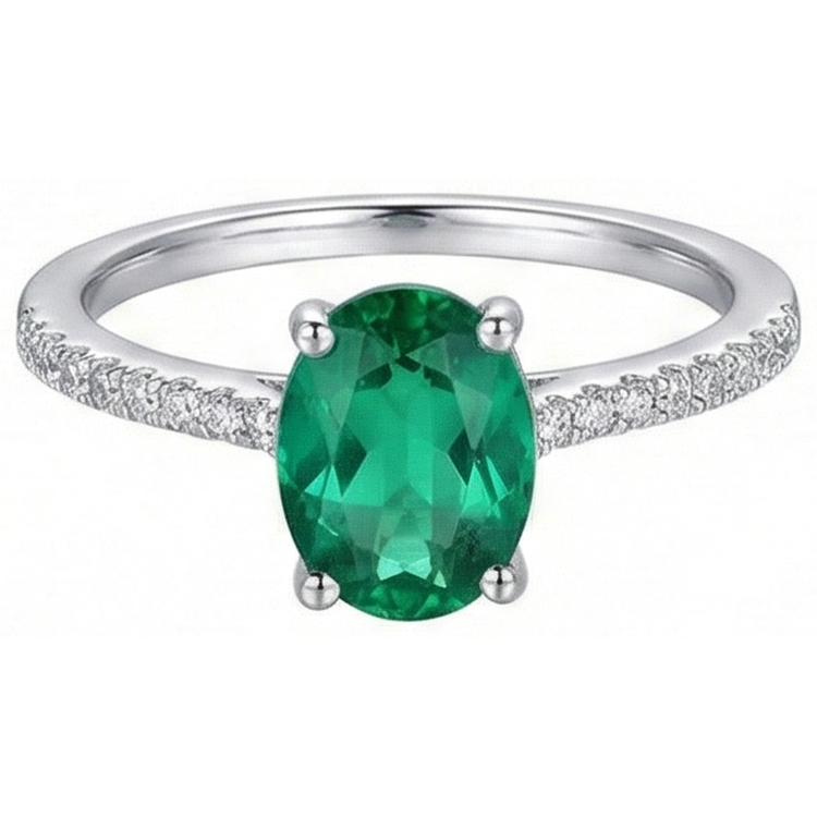 4.25 Carats Bague Émeraude Verte Ovale Et Diamants Naturels Extraits des Mines ( et non cultivés en laboratoire ) Or Blanc 14K
