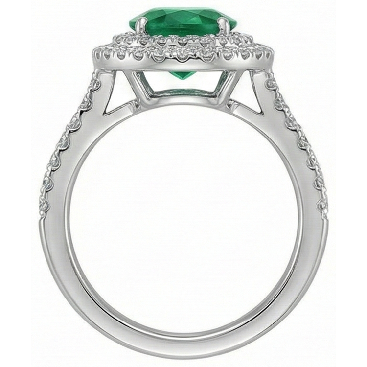 4.35 Carats Emeraude Vert Avec Diamants Naturels Extraits des Mines ( et non cultivés en laboratoire ) Bague Double Halo Or Blanc 14K
