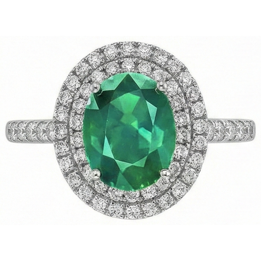 4.35 Carats Emeraude Vert Avec Diamants Naturels Extraits des Mines ( et non cultivés en laboratoire ) Bague Double Halo Or Blanc 14K