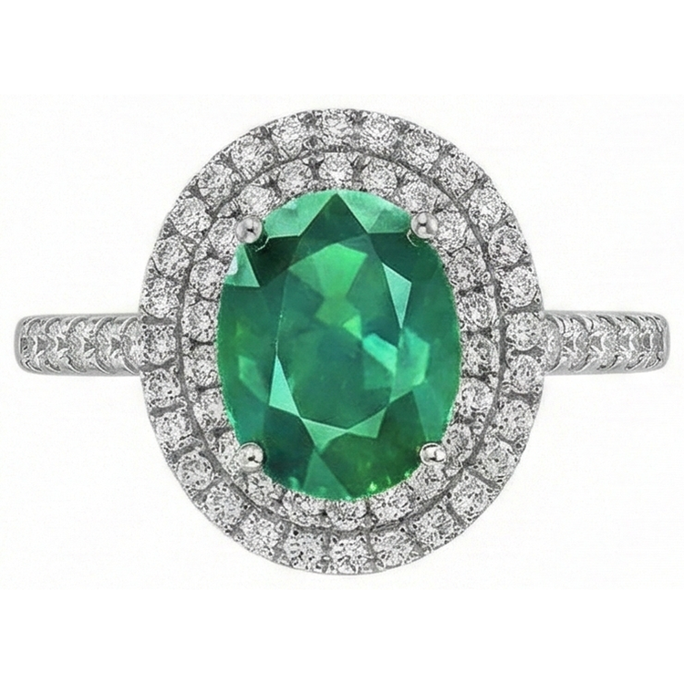 4.35 Carats Emeraude Vert Avec Diamants Naturels Extraits des Mines ( et non cultivés en laboratoire ) Bague Double Halo Or Blanc 14K
