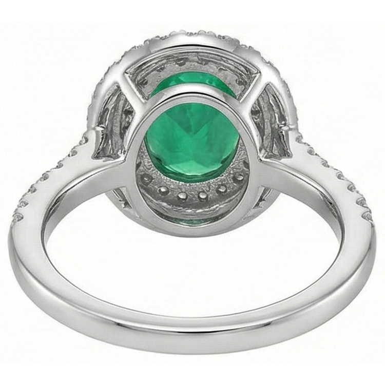 4.35 Carats Emeraude Vert Avec Diamants Naturels Extraits des Mines ( et non cultivés en laboratoire ) Bague Double Halo Or Blanc 14K