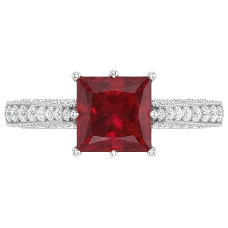 4.35 carats taille princesse rubis avec diamants ronds bague en or blanc