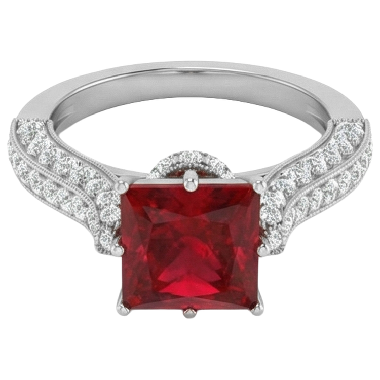 4.35 carats taille princesse rubis avec diamants ronds bague en or blanc
