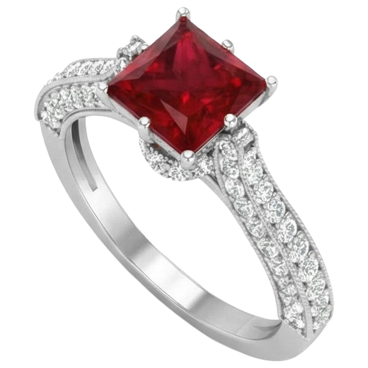 4.35 carats taille princesse rubis avec diamants ronds bague en or blanc