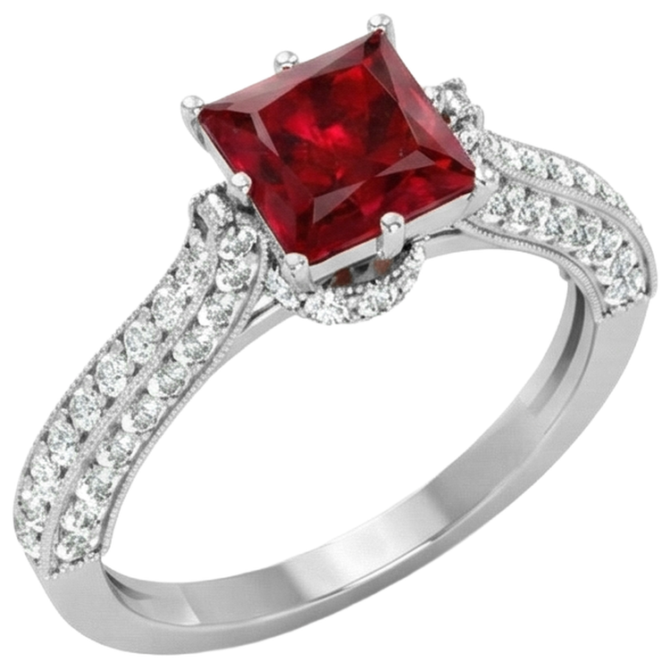4.35 carats taille princesse rubis avec diamants ronds bague en or blanc