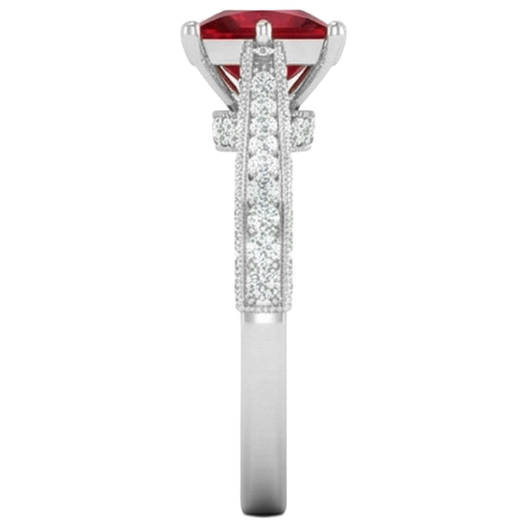 4.35 carats taille princesse rubis avec diamants ronds bague en or blanc