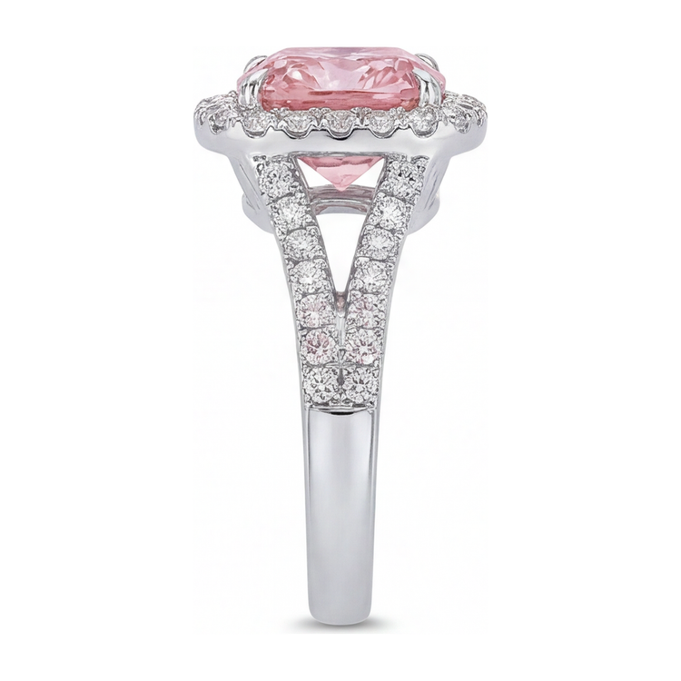 Bague Diamant Rose de Laboratoire 4,5 Carats Coussin Halo en Or Blanc 14K