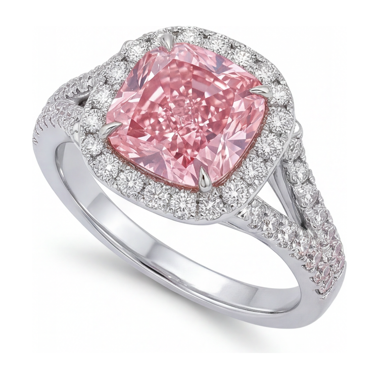 Bague Diamant Rose de Laboratoire 4,5 Carats Coussin Halo en Or Blanc 14K