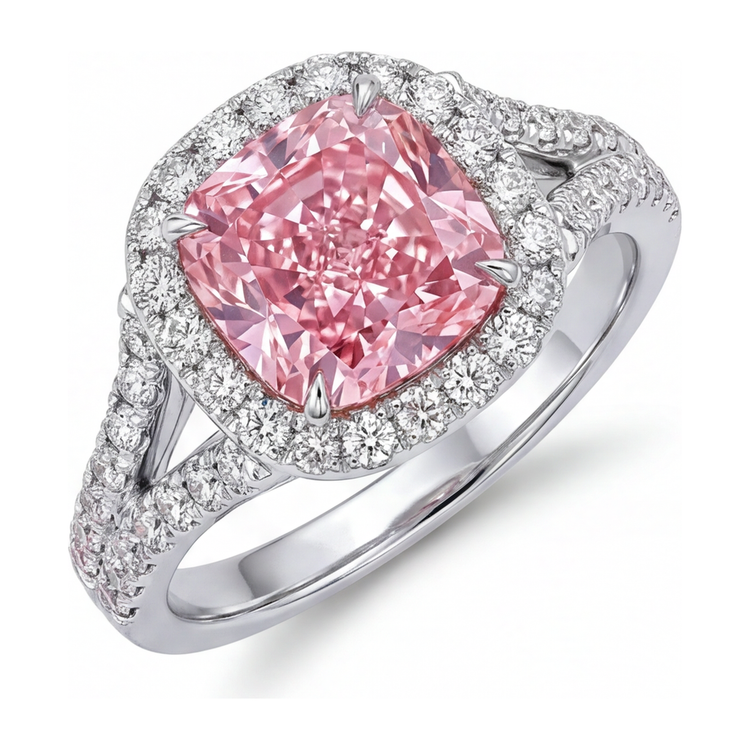Bague diamant rose de laboratoire 4,5 carats taille coussin Halo en Or Blanc 14 carats