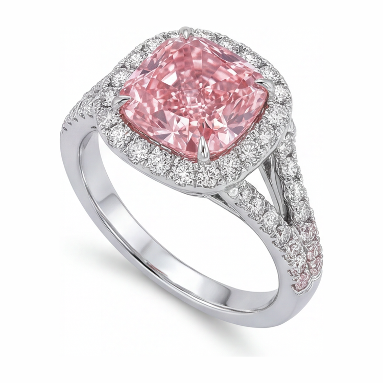 Bague diamant rose de laboratoire 4,5 carats taille coussin Halo en Or Blanc 14 carats