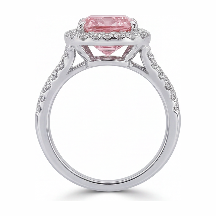 Bague Diamant Rose de Laboratoire 4,5 Carats Coussin Halo en Or Blanc 14K