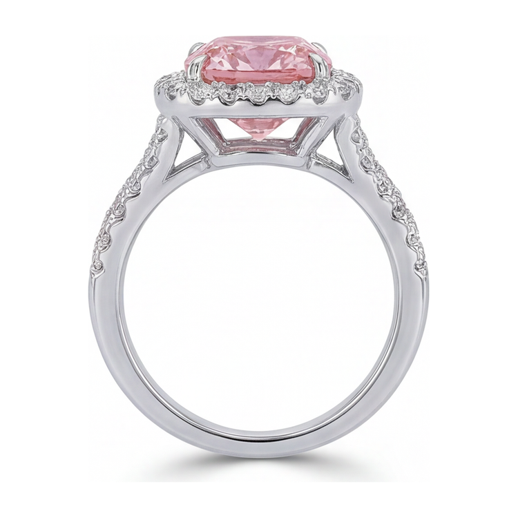 Bague Diamant Rose de Laboratoire 4,5 Carats Coussin Halo en Or Blanc 14K