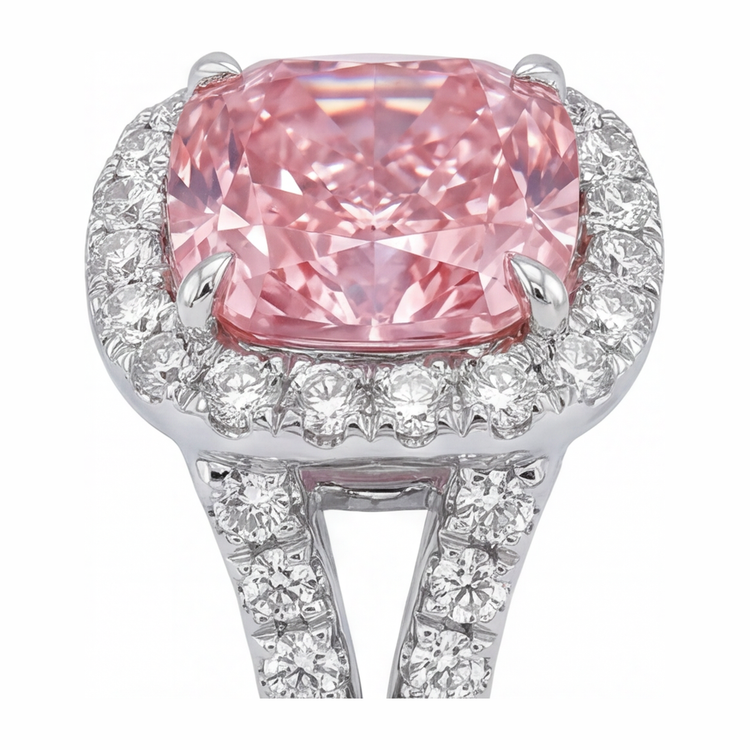 Bague diamant rose de laboratoire 4,5 carats taille coussin Halo en Or Blanc 14 carats
