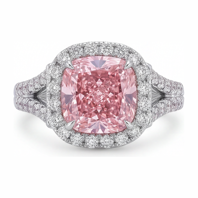 Bague Diamant Rose de Laboratoire 4,5 Carats Coussin Halo en Or Blanc 14K