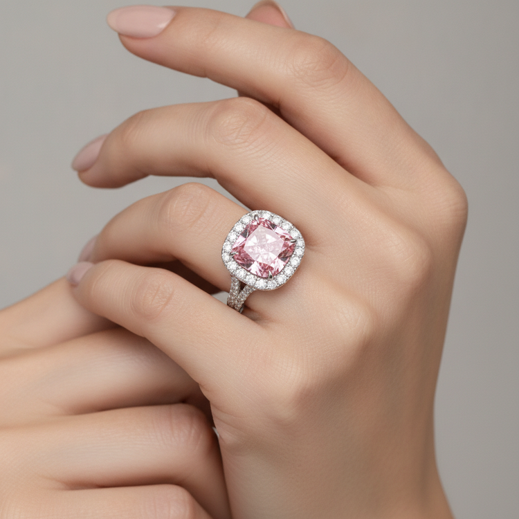 Bague diamant rose de laboratoire 4,5 carats taille coussin Halo en Or Blanc 14 carats