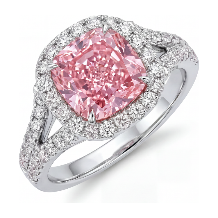 Bague diamant rose de laboratoire 4,5 carats taille coussin Halo en Or Blanc 14 carats