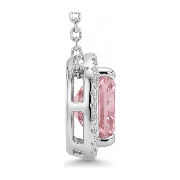 Collier Pendentif Diamant Rose de Laboratoire 4,5 Carats Taille Radiant Halo Pavé Cathédrale en Or Blanc 14 Carats