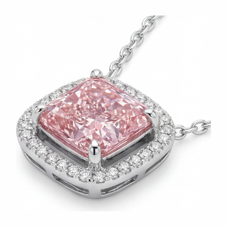 Collier Pendentif Diamant Rose de Laboratoire 4,5 Carats Taille Radiant Halo Pavé Cathédrale en Or Blanc 14 Carats