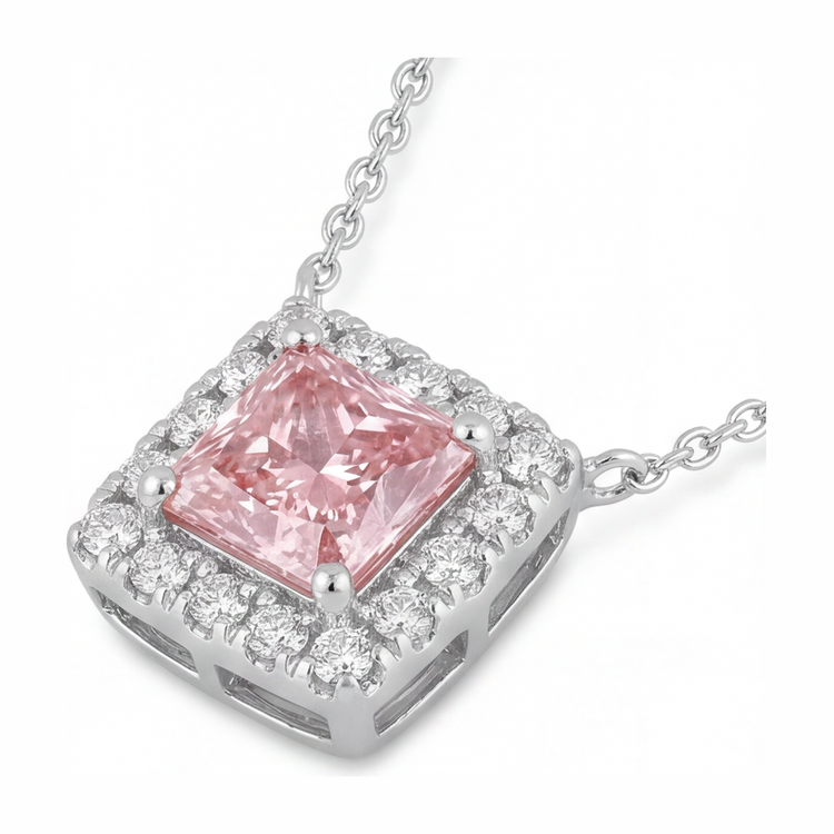 Collier Pendentif en Diamant Rose de laboratoire 4,5 Carats, Taille Radiant, Halo Pavé, Or Blanc 14 Carats
