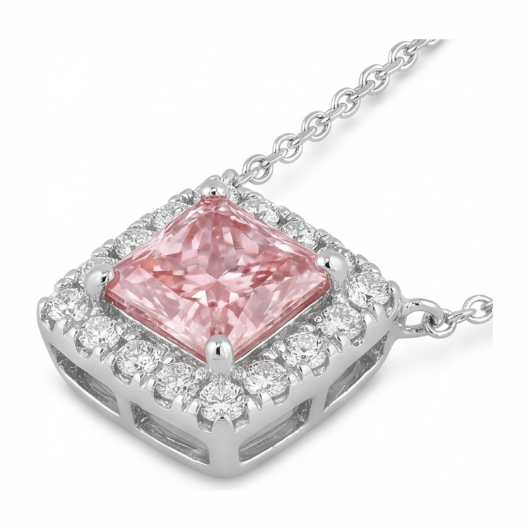 Collier Pendentif en Diamant Rose de laboratoire 4,5 Carats, Taille Radiant, Halo Pavé, Or Blanc 14 Carats