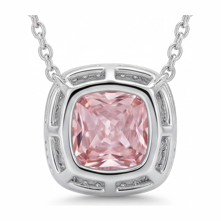 Collier Pendentif Diamant Rose de Laboratoire 4,5 Carats Taille Radiant Halo Pavé Cathédrale en Or Blanc 14 Carats