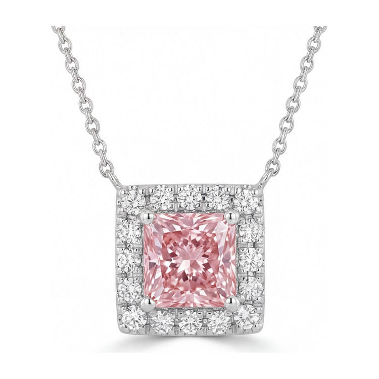 Collier Pendentif en Diamant Rose de laboratoire 4,5 Carats, Taille Radiant, Halo Pavé, Or Blanc 14 Carats