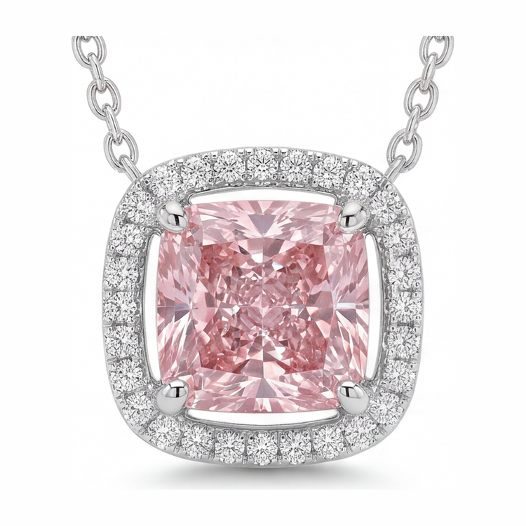 Collier Pendentif Cathédrale en Or Blanc 14 carats avec Diamant Rose de Laboratoire 4,5 Carats Taille Radiant et Halo Pavé