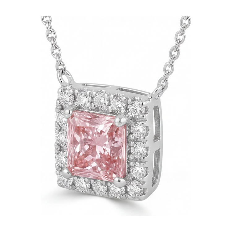 Collier Pendentif Diamant Rose de Laboratoire 4,5 Carats Taille Radiant Halo Pavé en Or Blanc 14 Carats