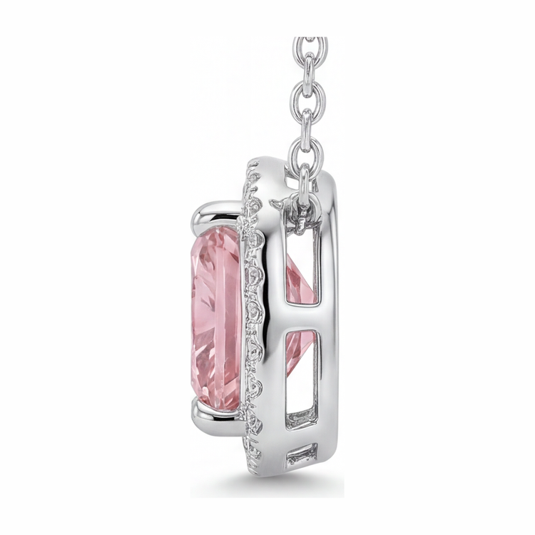 Collier Pendentif Cathédrale en Or Blanc 14 carats avec Diamant Rose de Laboratoire 4,5 Carats Taille Radiant et Halo Pavé
