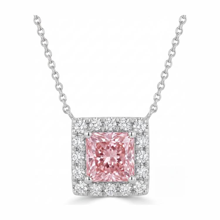 Collier Pendentif en Diamant Rose de laboratoire 4,5 Carats, Taille Radiant, Halo Pavé, Or Blanc 14 Carats