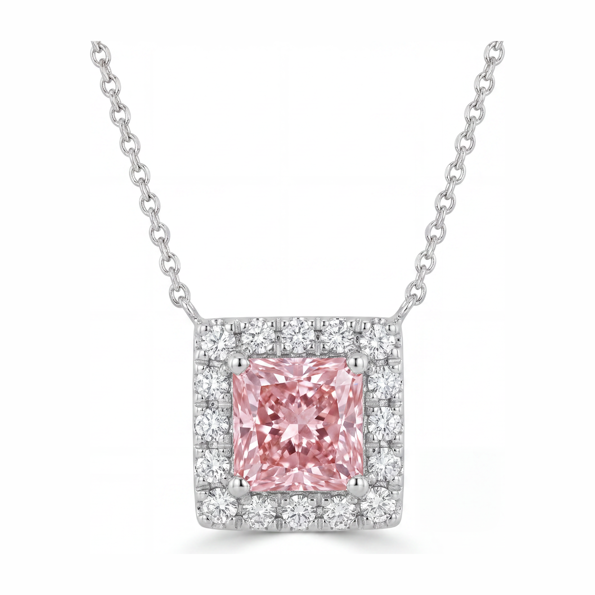 Collier Pendentif Diamant Rose de Laboratoire 4,5 Carats Taille Radiant Halo Pavé en Or Blanc 14 Carats