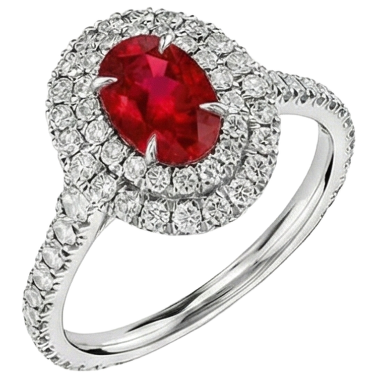 4.50 Ct Double Halo Rubis Et Diamants Naturels Extraits des Mines ( et non cultivés en laboratoire ) Bague Or Blanc 14K