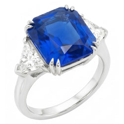 4.50 carats Radiant 3 Stone Ring Blue Saphir & Trillion Diamonds