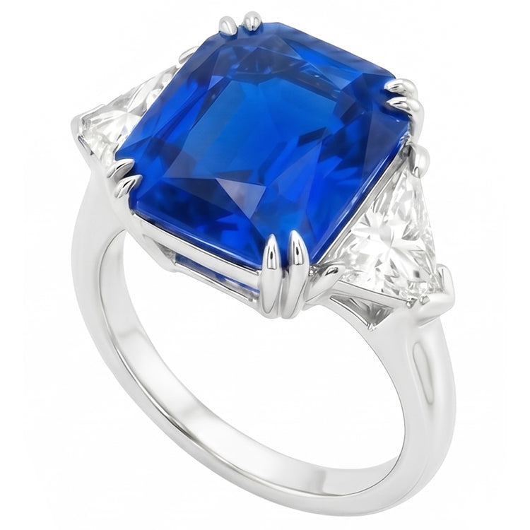 4.50 carats Radiant 3 Stone Ring Blue Saphir & Trillion Diamonds