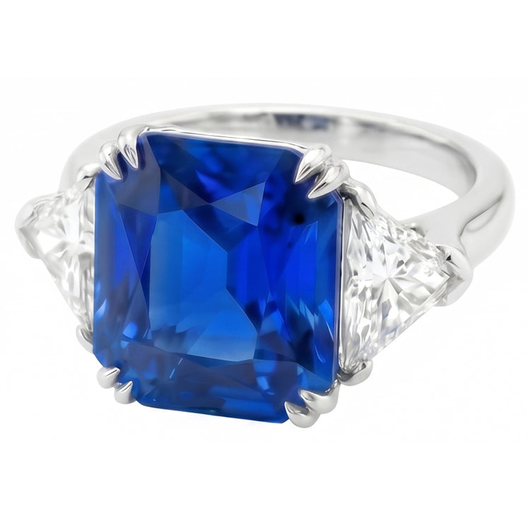 4.50 carats Radiant 3 Stone Ring Blue Saphir & Trillion Diamonds