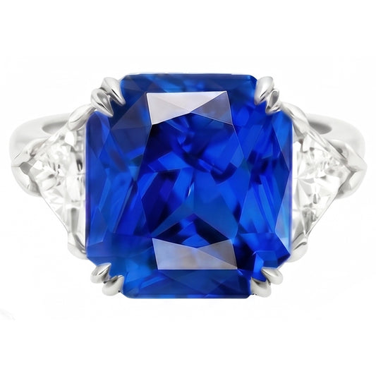 4.50 carats Radiant 3 Stone Ring Blue Saphir & Trillion Diamonds