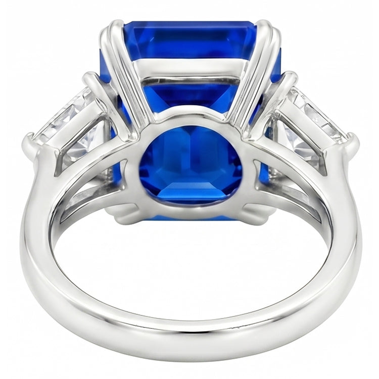 4.50 carats Radiant 3 Stone Ring Blue Saphir & Trillion Diamonds