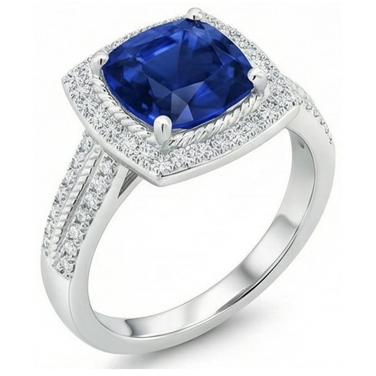 4.75 Carats Coussin Et Bague Anniversaire Saphir Rond Et Diamant Naturels Extraits des Mines ( et non cultivés en laboratoire )